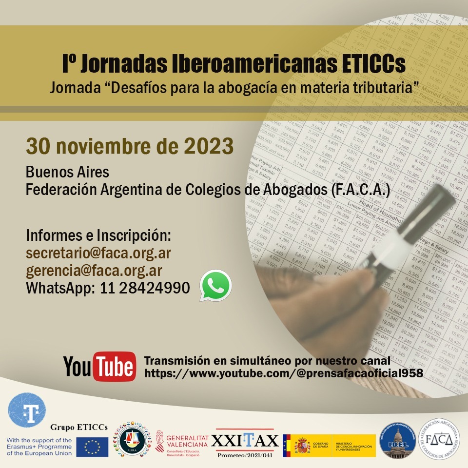 El Instituto invita: 1° Jornadas Iberoamericanas ETICCs. Jornada Desafíos para la abogacía en materia tributaria - 30/11/2023